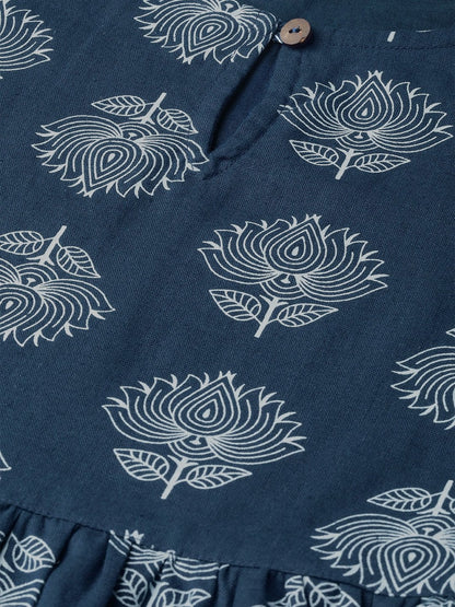 Women's Navy Lotus Print Peplum Top