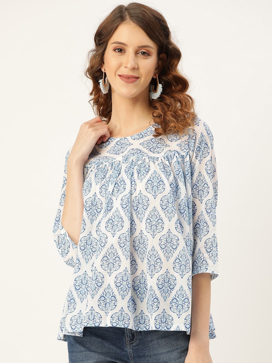 Women's Blue Motif Floral Yoke Top