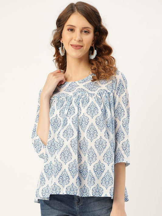 Women's Blue Motif Floral Yoke Top