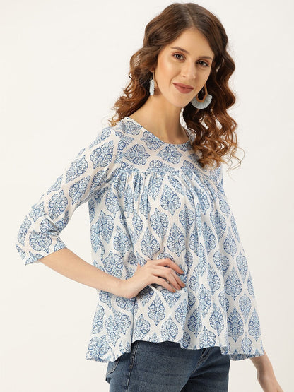 Women's Blue Motif Floral Yoke Top