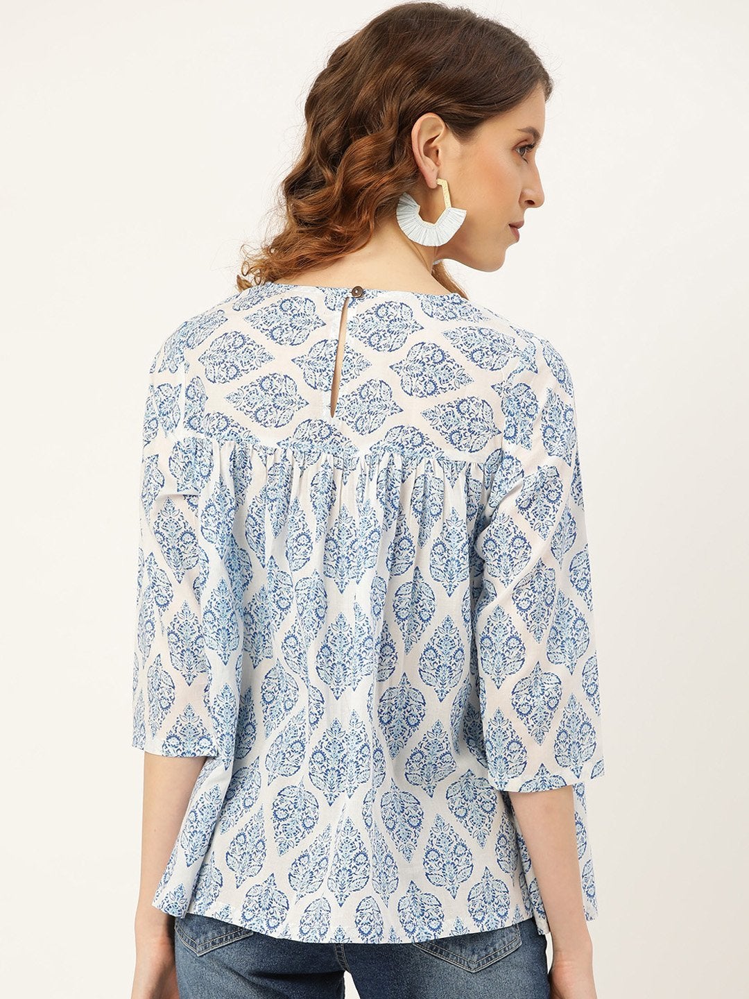 Women's Blue Motif Floral Yoke Top