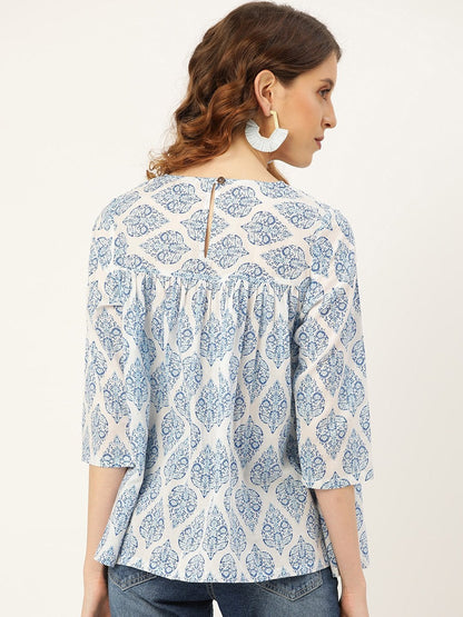 Women's Blue Motif Floral Yoke Top