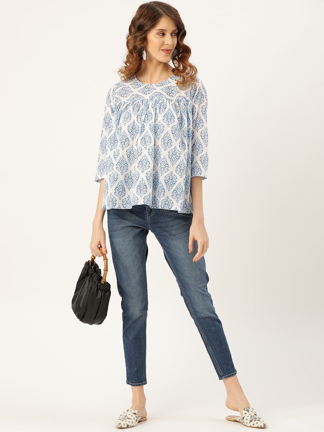 Women's Blue Motif Floral Yoke Top