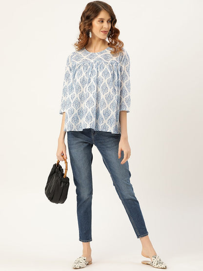 Women's Blue Motif Floral Yoke Top