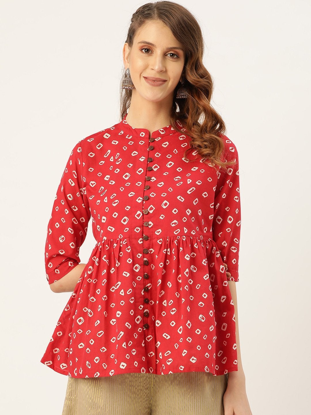 Women's Red Bandhej Front Button Gathered Top