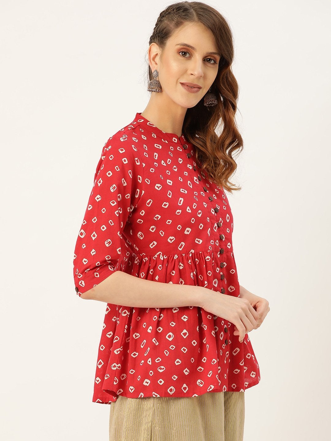 Women's Red Bandhej Front Button Gathered Top
