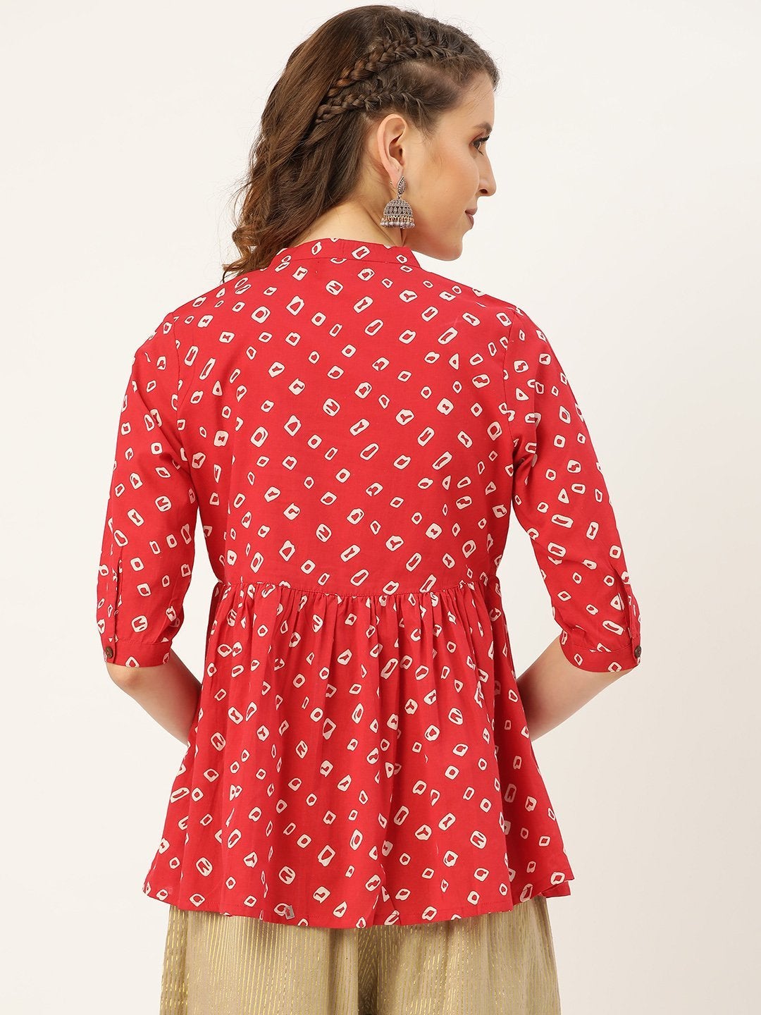 Women's Red Bandhej Front Button Gathered Top