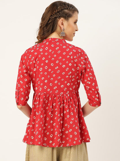 Women's Red Bandhej Front Button Gathered Top