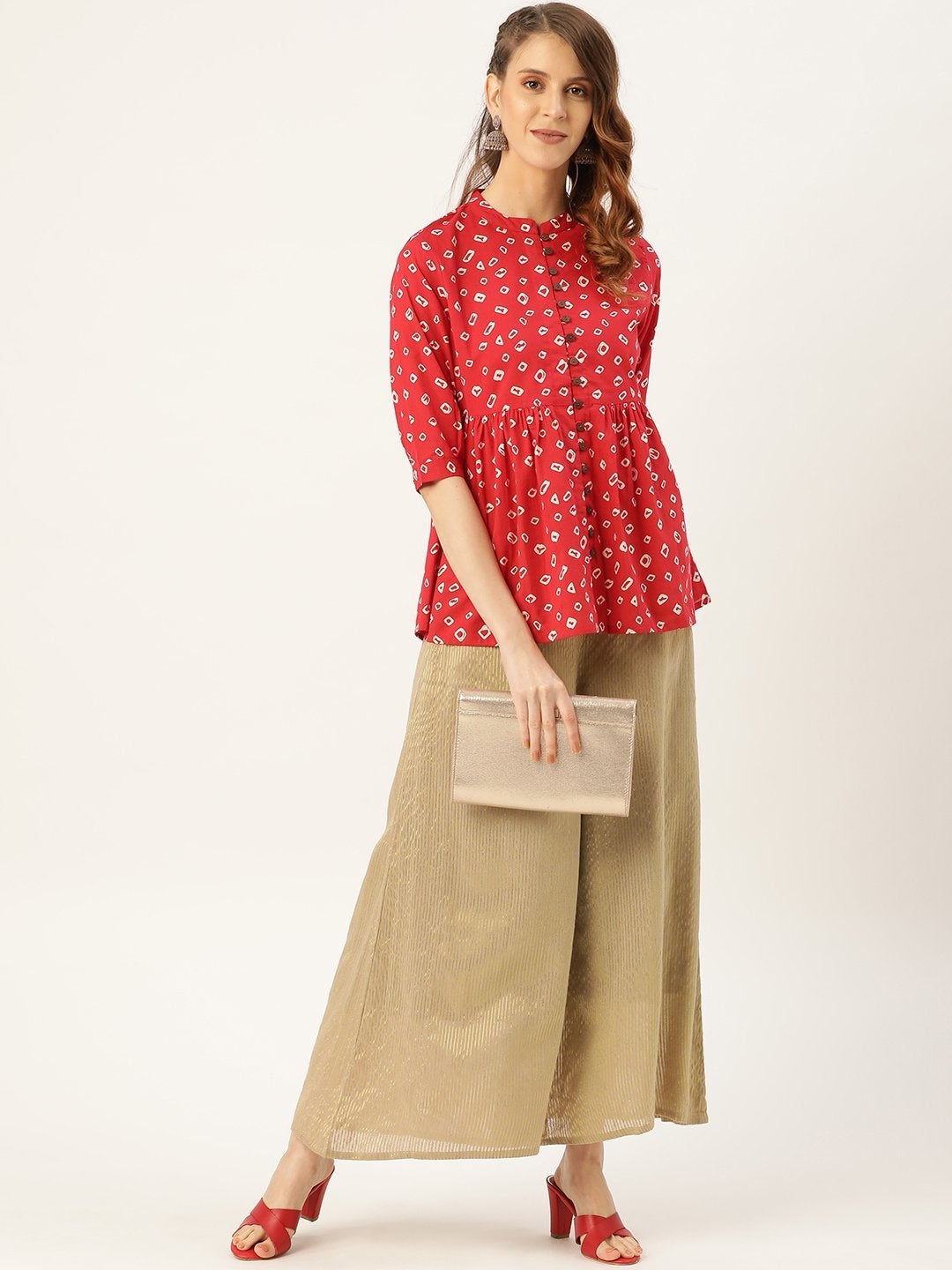 Women's Red Bandhej Front Button Gathered Top