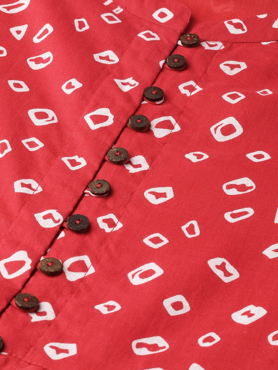 Women's Red Bandhej Front Button Gathered Top