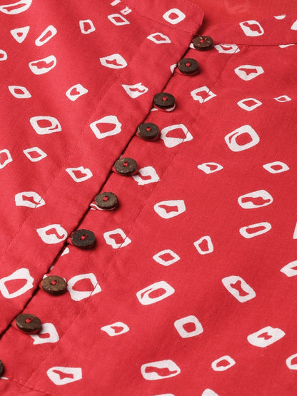 Women's Red Bandhej Front Button Gathered Top