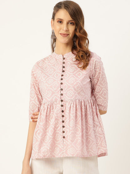 Women's Mauve Bandhej Front Button Gathered Top