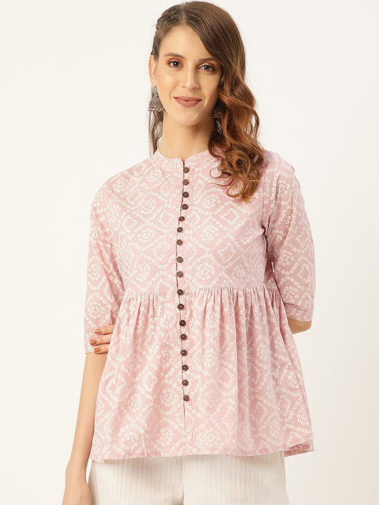 Women's Mauve Bandhej Front Button Gathered Top