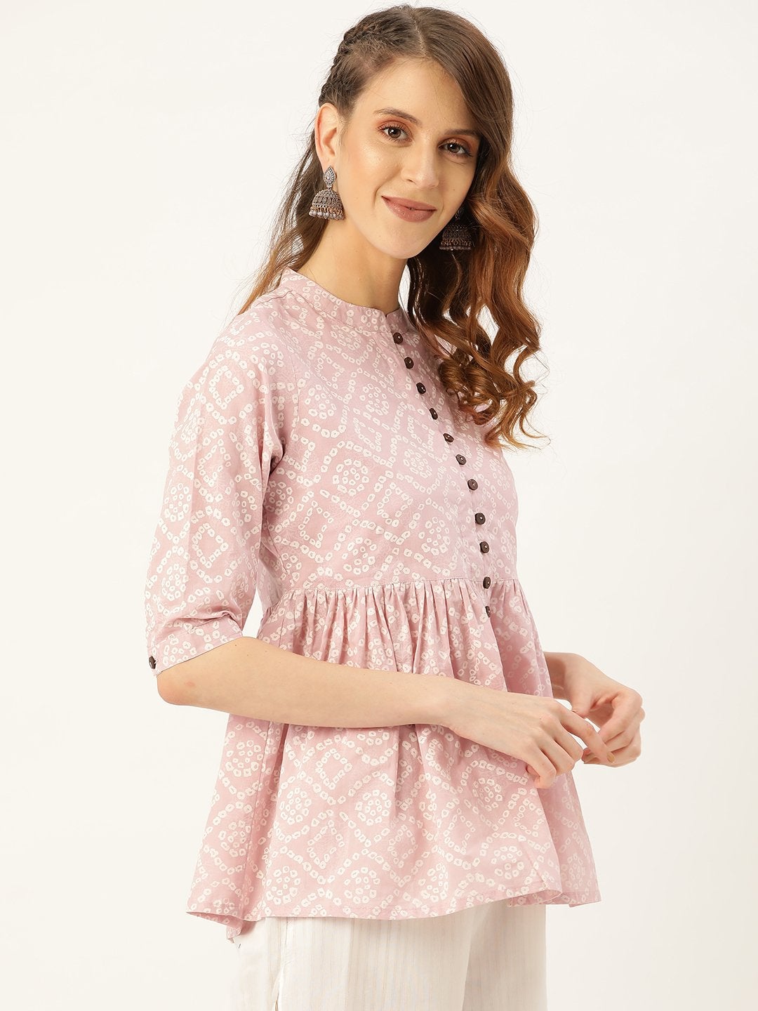Women's Mauve Bandhej Front Button Gathered Top
