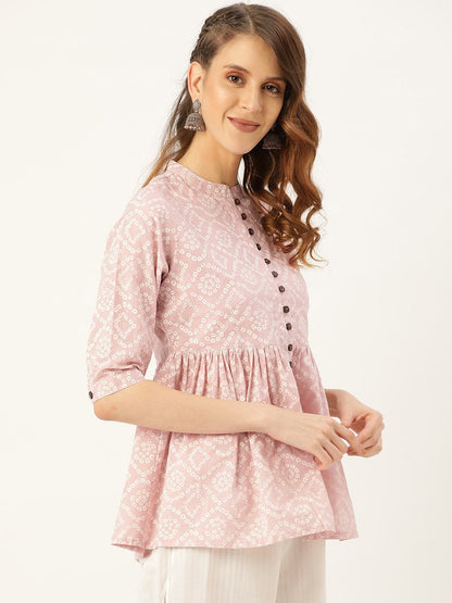 Women's Mauve Bandhej Front Button Gathered Top