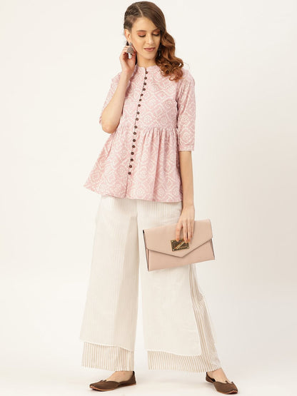 Women's Mauve Bandhej Front Button Gathered Top