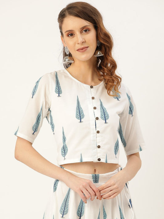 Women's Blue Leaf Print Front Button Crop Top