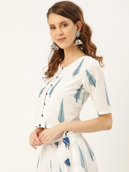 Women's Blue Leaf Print Front Button Crop Top
