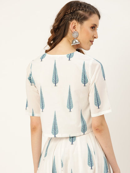 Women's Blue Leaf Print Front Button Crop Top