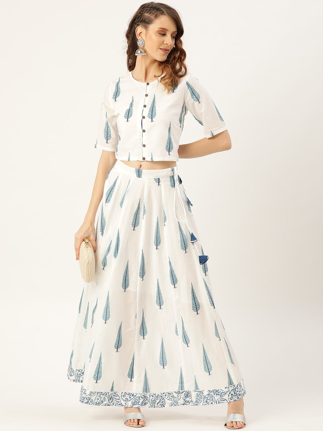 Women's Blue Leaf Print Front Button Crop Top