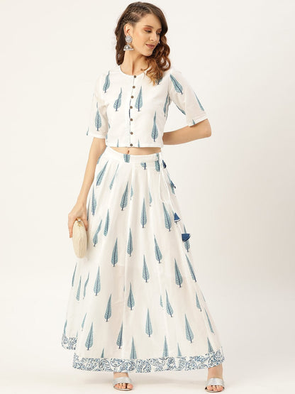 Women's Blue Leaf Print Front Button Crop Top