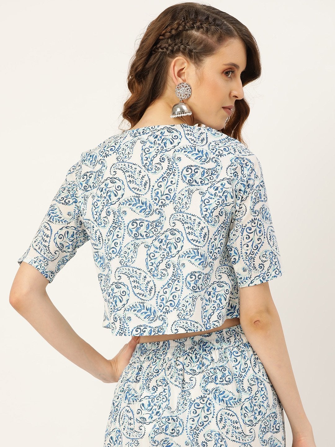 Women's Blue Paisely Front Open Crop Top