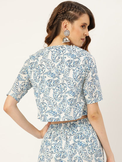 Women's Blue Paisely Front Open Crop Top