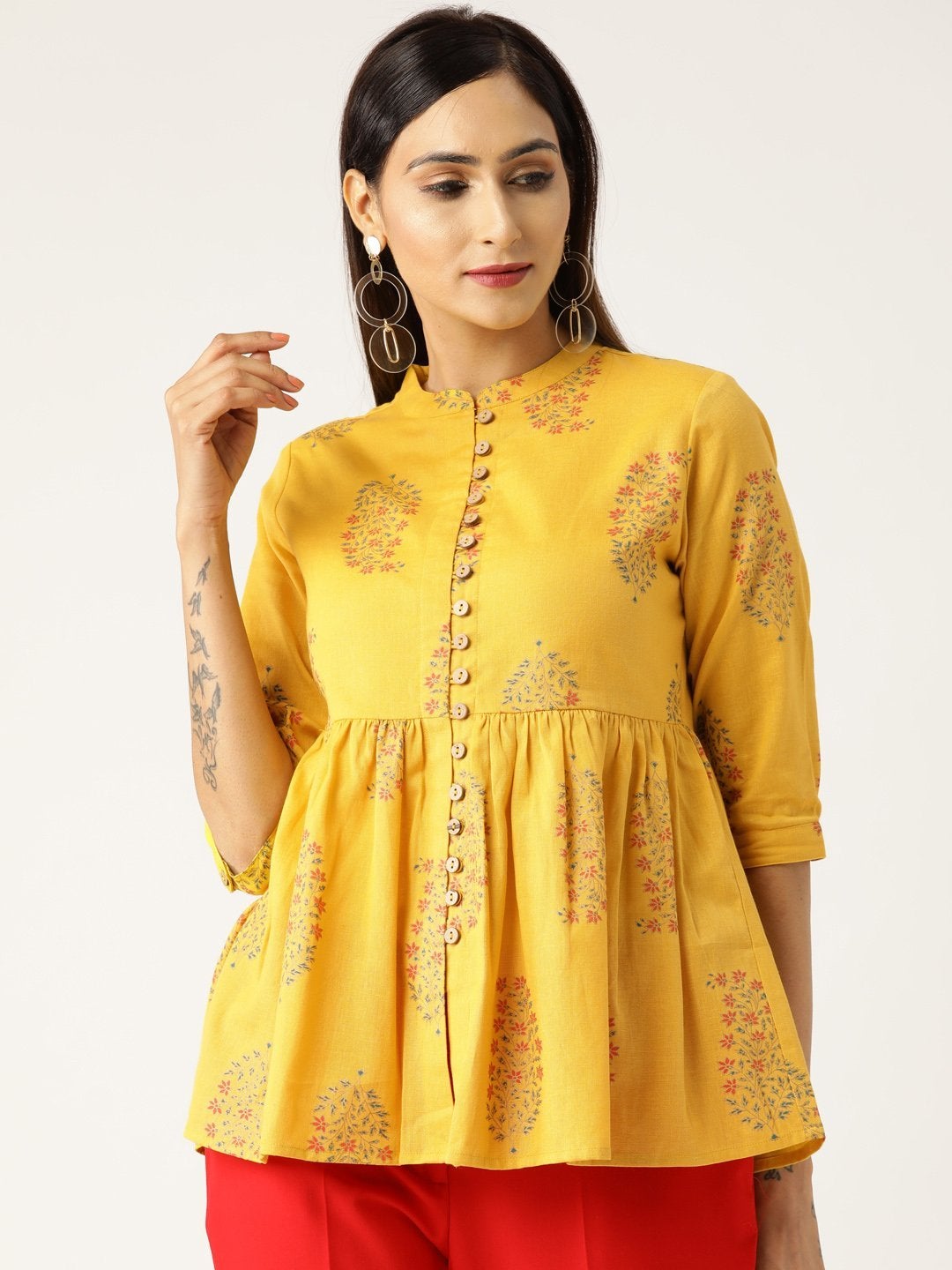 Women's Mustard Floral Front Button Gathered Top