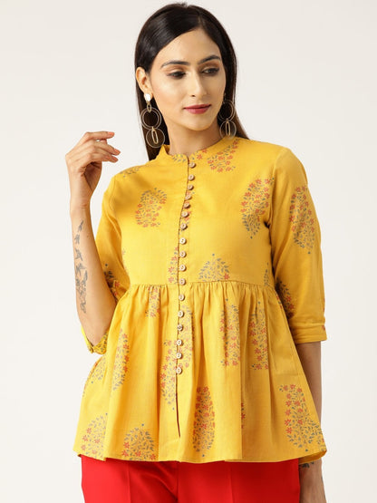 Women's Mustard Floral Front Button Gathered Top