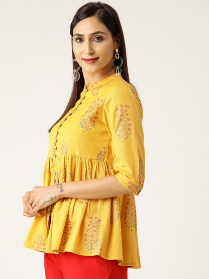 Women's Mustard Floral Front Button Gathered Top