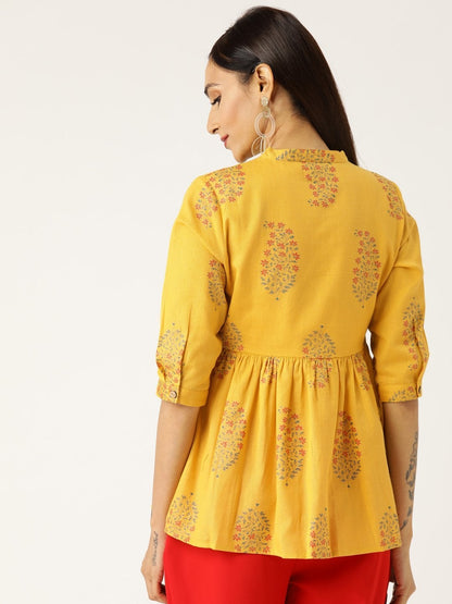 Women's Mustard Floral Front Button Gathered Top