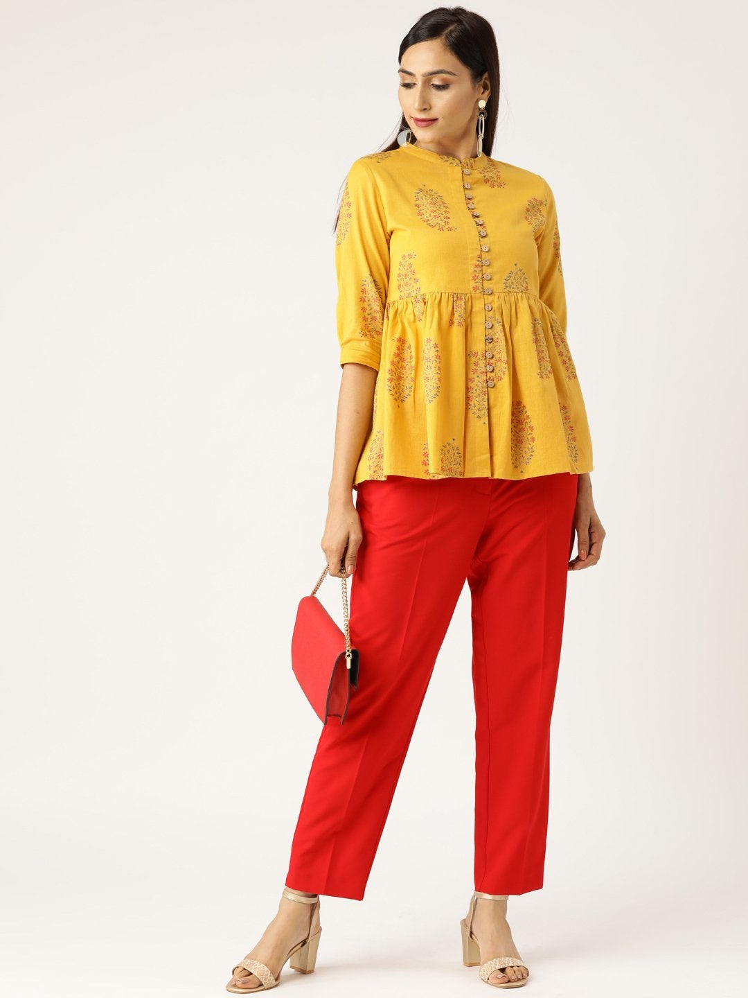 Women's Mustard Floral Front Button Gathered Top