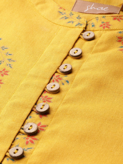 Women's Mustard Floral Front Button Gathered Top