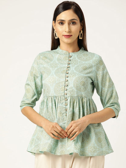 Women's Sea Green Foil Print Front Button Gathered Top