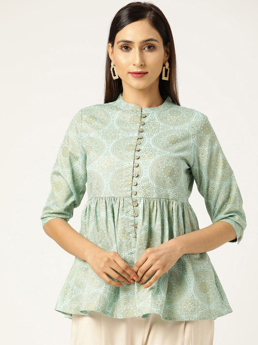 Women's Sea Green Foil Print Front Button Gathered Top