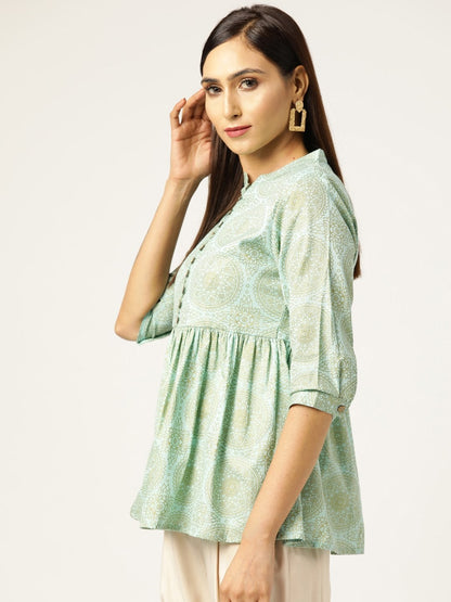 Women's Sea Green Foil Print Front Button Gathered Top