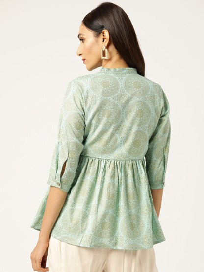 Women's Sea Green Foil Print Front Button Gathered Top