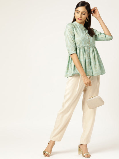 Women's Sea Green Foil Print Front Button Gathered Top