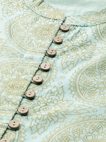 Women's Sea Green Foil Print Front Button Gathered Top