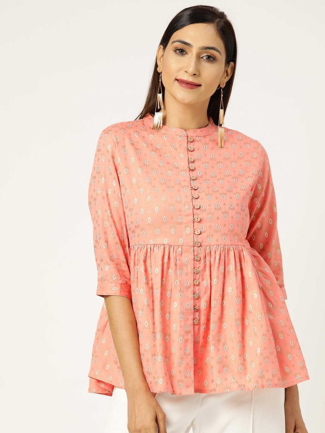 Women's Peach Foil Print Front Button Gathered Top