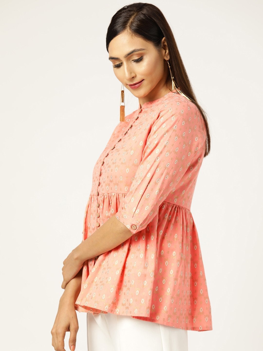 Women's Peach Foil Print Front Button Gathered Top