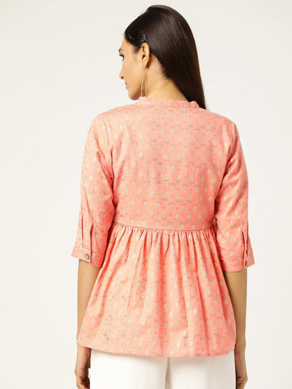 Women's Peach Foil Print Front Button Gathered Top