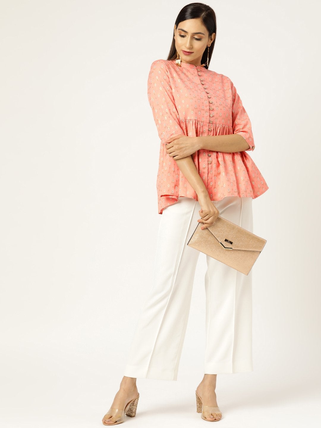Women's Peach Foil Print Front Button Gathered Top