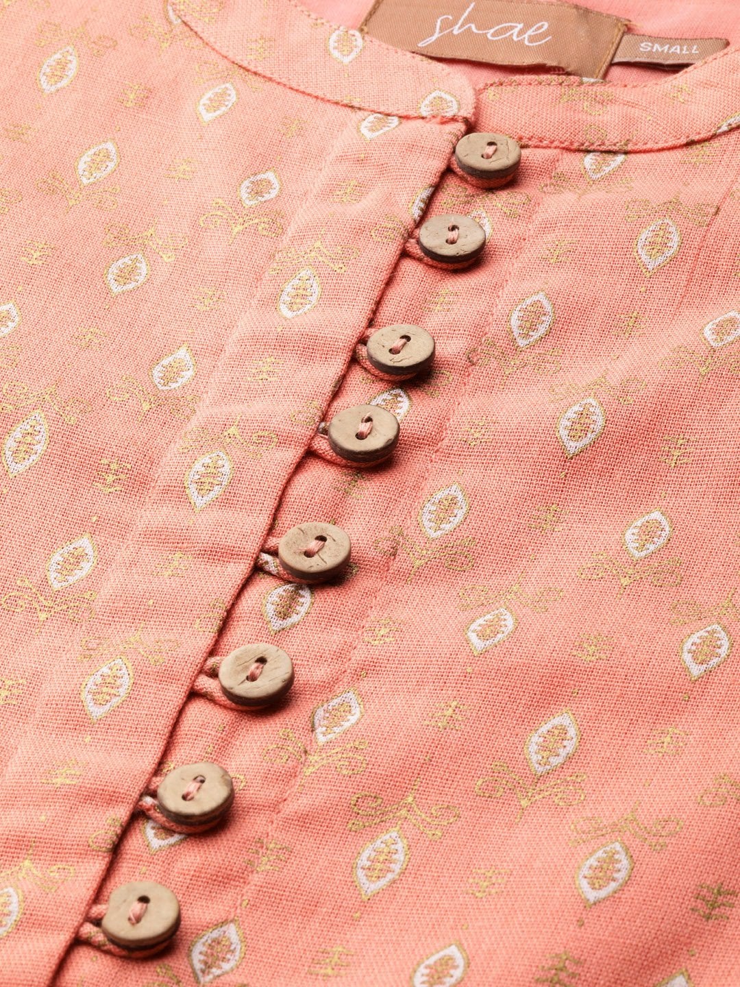 Women's Peach Foil Print Front Button Gathered Top