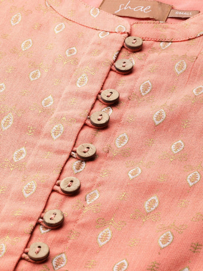 Women's Peach Foil Print Front Button Gathered Top