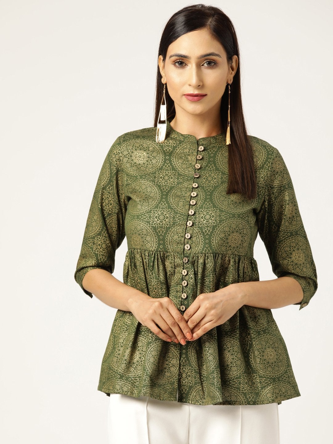 Women's Dark Green Foil Print Front Button Gathered Top