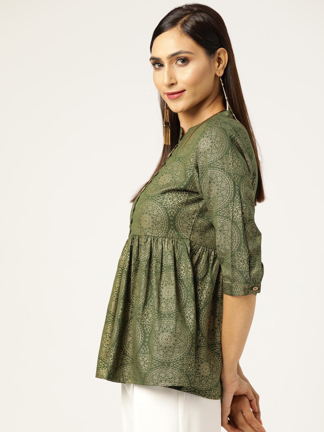 Women's Dark Green Foil Print Front Button Gathered Top