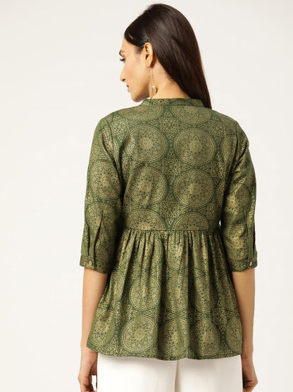 Women's Dark Green Foil Print Front Button Gathered Top