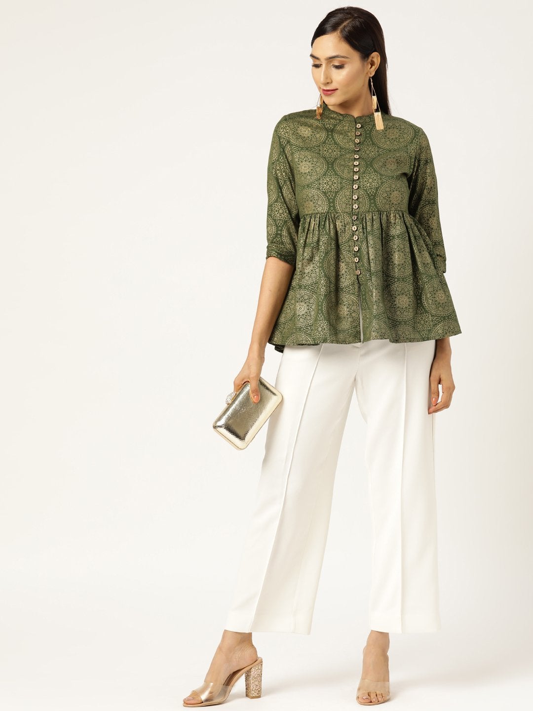 Women's Dark Green Foil Print Front Button Gathered Top