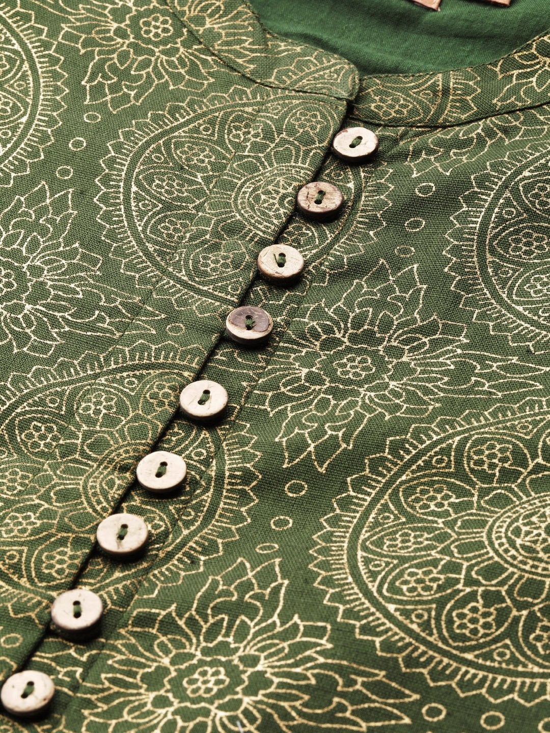 Women's Dark Green Foil Print Front Button Gathered Top